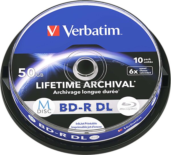 VERBATIM 43847 M-Disc BD-R BluRay 6x Cakebox 50GB, printable, 10 Stück