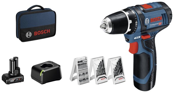 BOSCH GSR 10,8-2-LI Set 1x 4Ah Akku, 1x 2Ah Akku, Tasche, 39-tlg Zubehör-Set