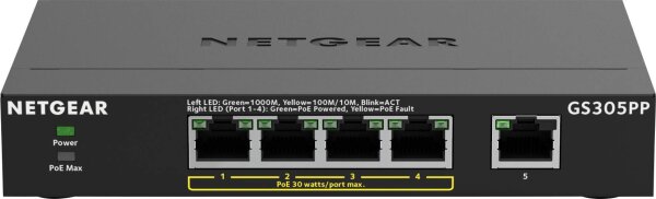 NETGEAR 5-Port Gigabit PoE+ unmanaged Switch mit 4 PoE Ports, Desktop, Wandbefestigung, Metallgehäus