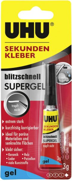 UHU Sekundenkleber blitzschnell SUPERGEL, 3 g lösemittelhaltig, in der Tube, tropffrei, ideal für po