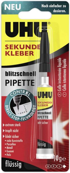 UHU Sekundenkleber blitzschnell PIPETTE, 10 g flüssiger Sekundenkleber in Pipette, klebt punktgenau