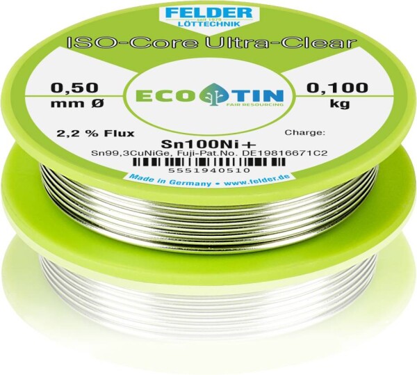 FELDER Löttechnik ISO-Core ""Ultra-Clear"" Sn100Ni+ Lötzinn, bleifrei Spule Sn99.25Cu0.7Ni0.05 0.