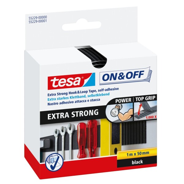 TESA On- & Off-Klettband extra stark, 1m x 50mm, schwarz