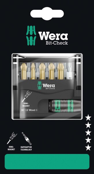 WERA Bit-Check 12 Wood 1 SB 05136390001 Bit-Set 1/4"" (6.3 mm) inkl. Bithalter