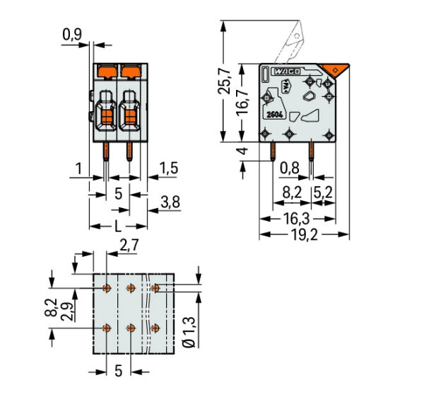 WAGO Leiterplattenklemme 2604-1108 Betätigungshebel 4qmm RM 5mm 8p gr