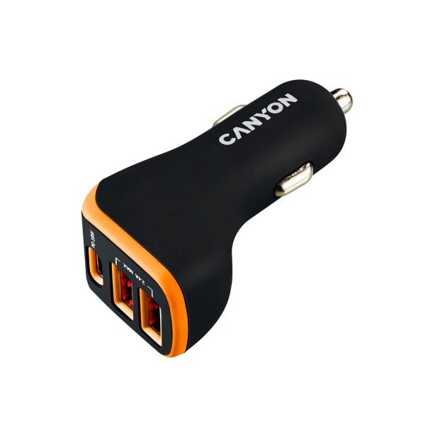 CANYON KFZ-Ladegerät 3Port 2xUSB-A,USB-C 18W PD black/orange retail