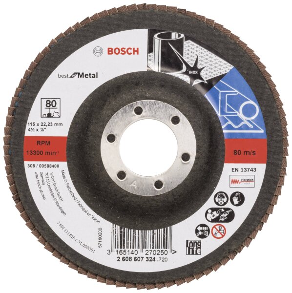 BOSCH Fächerschleifscheibe 2608607324 X571 Best Metal ger.115mm K80 Glasgeweb